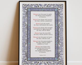 Matthew 5 Beatitudes Art Print — Christian Scripture Wall Decor, Blessed Are the Meek Bible Verse (Digital Download)