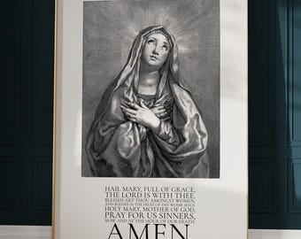 Hail Mary Prayer Art Print — Ave Maria Vintage Illustration, Catholic Christian Wall Décor (Physical)