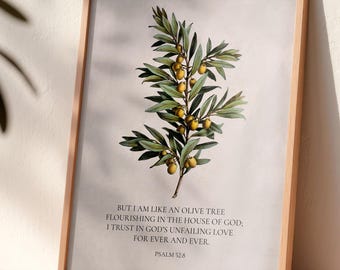 Psalm 52:8 — I Am Like a Green Olive Tree | Vintage Olive Branch Illustration, Bible Verse Christian Wall Art (Physical)
