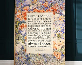 1 Corinthians 13:4-7 Love is Patient, Love is Kind Art Print — Love Bible Verse, Christian Scripture Wall Art (Physical)