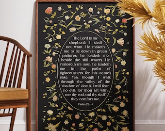 Psalm 23 The Lord is My Shepherd Art Print —  Floral Bible Verse, Christian Scripture Wall Art (Physical)