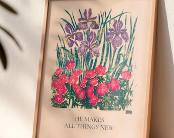 Revelation 21:5 Art Print —  "He Makes All Things New" | Christian Bible Verse Wall Art, Vintage Floral Design (Physical)