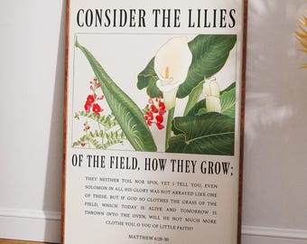 Matthew 6:28-30 — Consider the Lilies | Vintage Floral Illustration, Bible Verse Christian Wall Art (Physical)