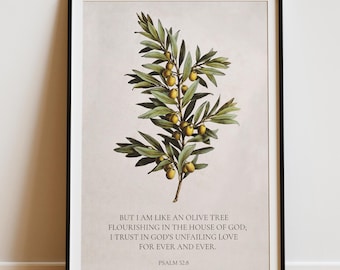Psalm 52:8 Olive Tree Print – Vintage Bible Verse Christian Wall Art (Digital Download)