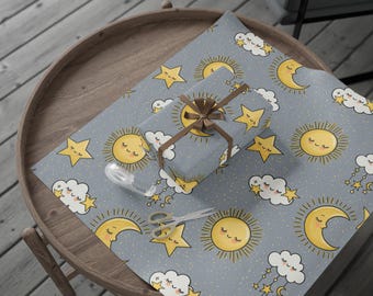 Baby Theme Wrapping Paper with Stars, Moon & Sun Design, Twinkle Twinkle Little Star, New Baby Gift, Sunni Gonzales Artwork, Nursery Decor