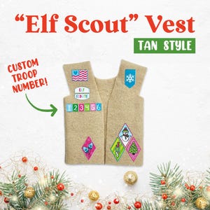 Elf Scout Vest, Cadette-Inspired, Custom Troop Number, Tan Elf Scout Vest, Girl Scout-Inspired Costume for Christmas Elf