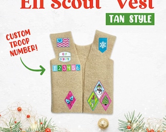 Elf Scout Vest, Cadette-Inspired, Custom Troop Number, Tan Elf Scout Vest, Girl Scout-Inspired Costume for Christmas Elf