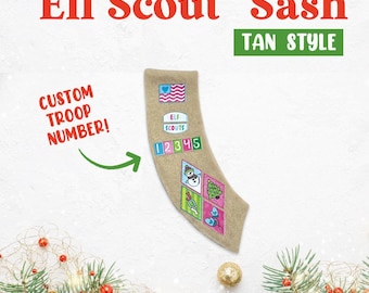 Elf Scout Sash, Cadette-Inspired, Custom Troop Number, Tan Elf Scout Vest Sash, Girl Scout-Inspired Costume for Christmas Elf, Juliette