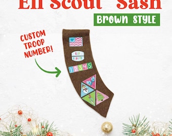 Elf Scout Sash, Brownie-Inspired, Custom Troop Number, Brown Elf Scout Sash, Girl Scout-Inspired Costume for Christmas Elf