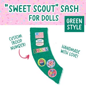 Sweet Scout Doll Sash, Green, Custom Troop Number, Handmade Costume for Fashion Dolls, Elf