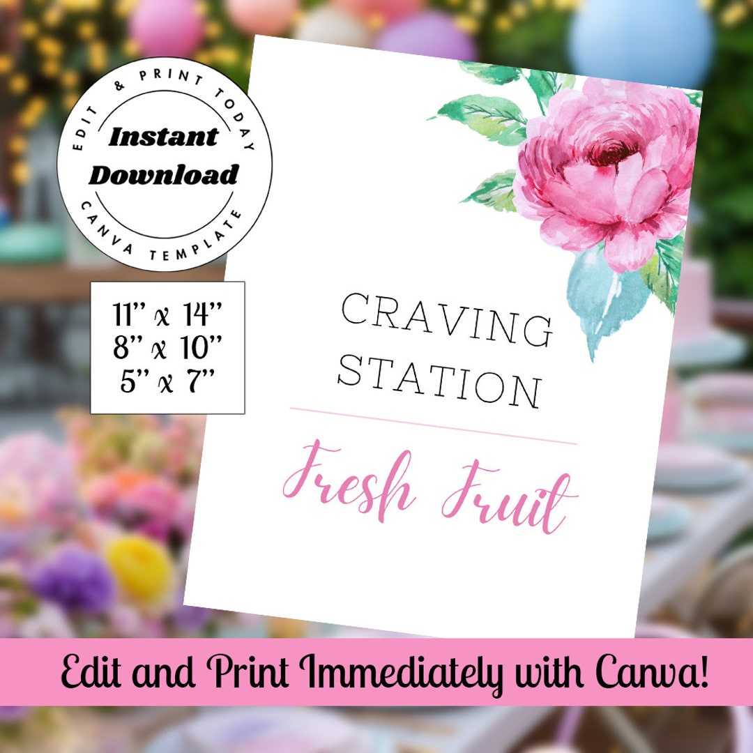 Pink Peony Baby Shower Craving Station Sign (canva Template, Digital ...