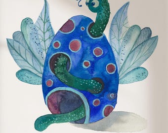 Eggsaurus Whimsical Creature Art Print | Watercolor Fantasy Illustration | Playful Storybook Wall Art