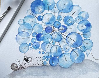 Bubblehog Whimsical Creature Art Print | Watercolor Fantasy Illustration | Dreamy Blue Wall Decor