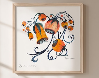 Lámina artística de Bellberry / Ilustración caprichosa en acuarela / Criatura fantástica surrealista / Decoración para habitación infantil