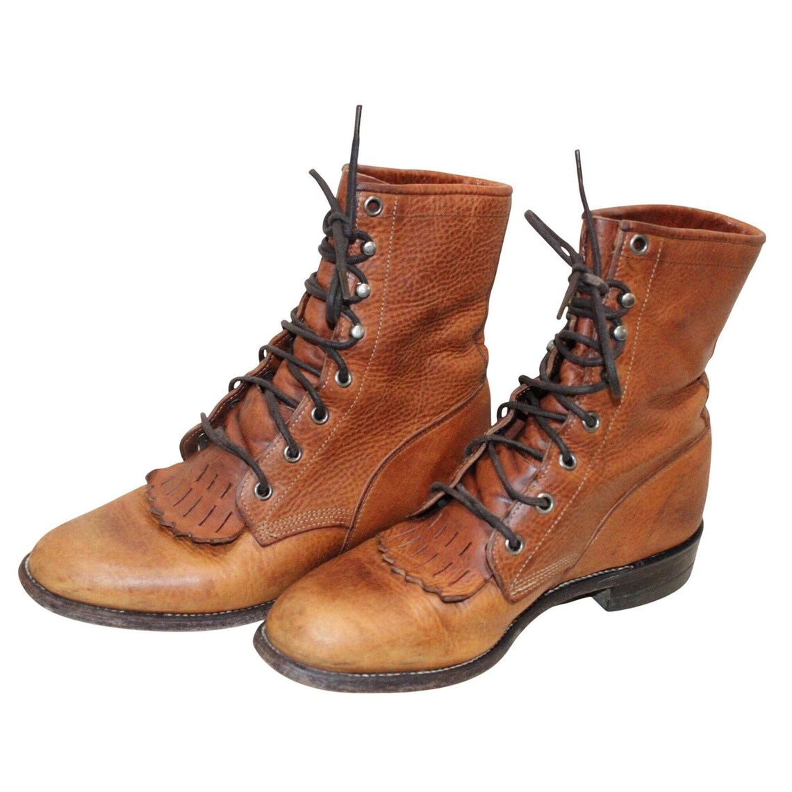 Vintage JUSTIN L420 Tan Leather Lace Up Kiltie Roper Boots 6 B USA Leather Soles, foto 3 di 5