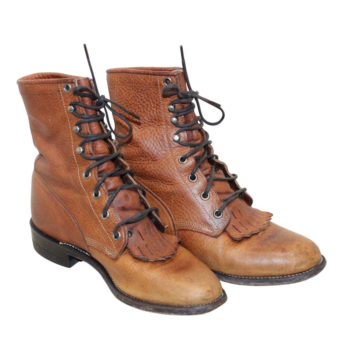 Vintage JUSTIN L420 Tan Leather Lace Up Kiltie Roper Boots 6 B USA Leather Soles, foto 1 di 5