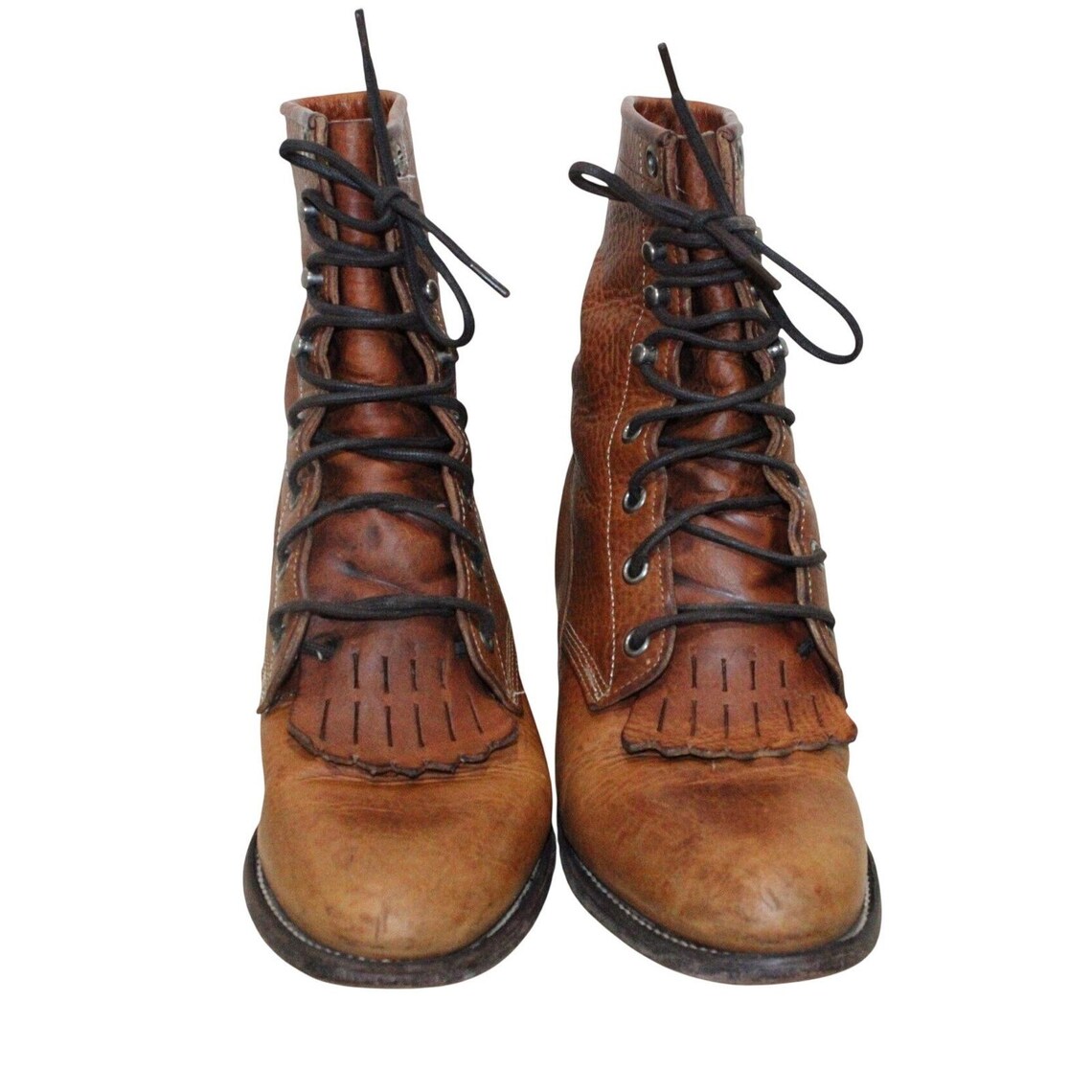 Vintage JUSTIN L420 Tan Leather Lace Up Kiltie Roper Boots 6 B USA Leather Soles, foto 2 di 5