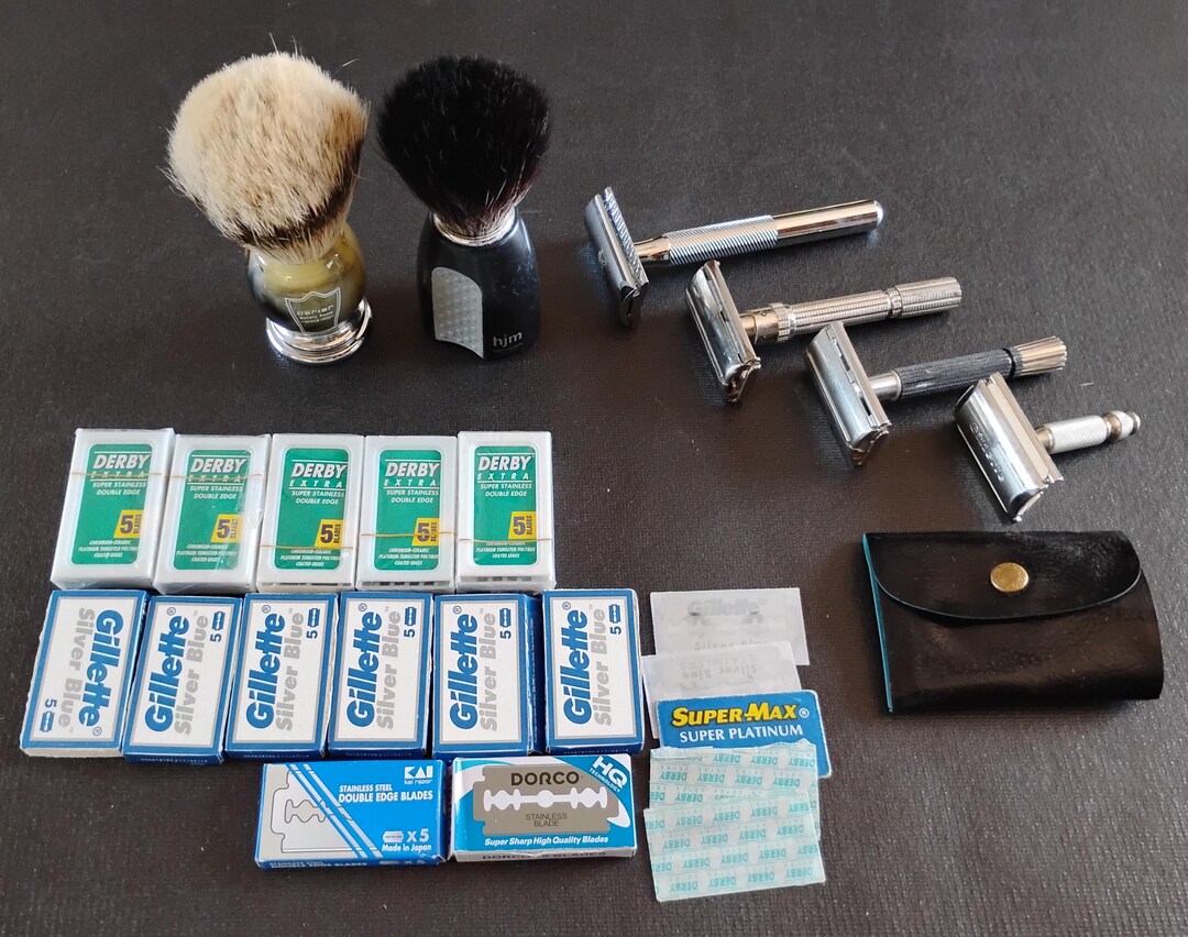 Vintage Safety Razor Lot With Shave Brushes and Assorted Blades - Etsy