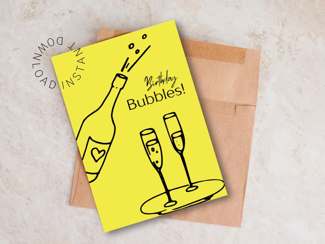 Printable Champagne Birthday Card – “birthday Bubbles” Minimalist Funny ...