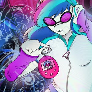 May include: A digital illustration of a character with multi-colored hair wearing headphones and dark circular glasses. The character holds a bright pink egg-shaped electronic pet device on a silver chain, featuring a screen with a unicorn graphic.