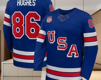 Camiseta de hockey azul marino de EE. UU. 2026 – Camiseta de aficionado para hombre con el número 86 de Jack Hughes – Camiseta personalizada del equipo de EE. UU. para regalo de día de partido