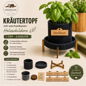 Könnte beinhalten: Ein schwarzer, gerippter Kräutertopf mit passendem Untersetzer und Holzständer. Das Set enthält sechs Holzschilder mit den Beschriftungen Basilikum, Petersilie, Oregano, Dill, Schnittlauch und Minze sowie einen Innentopf und eine Quelltablette.