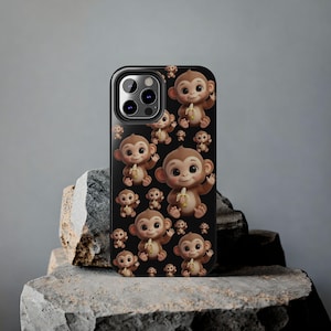 Cute Baby Monkey Banana Phone Case | Tough Phone Case, Black Background