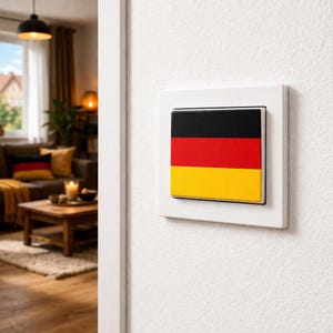 Könnte beinhalten: Ein weißer Lichtschalter mit den Farben Schwarz, Rot und Gelb der deutschen Flagge. Der Schalter ist an einer weißen Wand montiert. Im Hintergrund ist ein Wohnzimmer zu sehen.