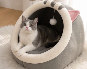 Cat Cave Bed - Indoor Cat House, Cat Sleeping Pod, Small Pet Cave Bed, Soft Cat Igloo Bed