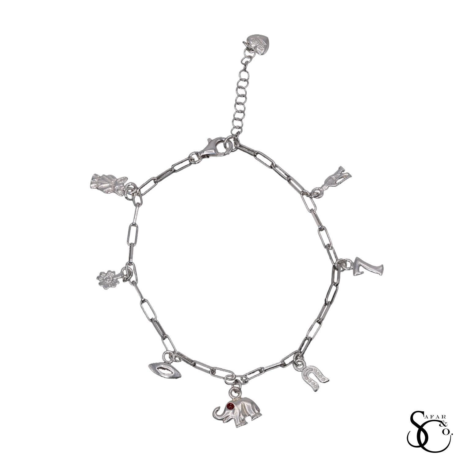 925 Sterling Silver Fancy Paperclip Owl Sunflower Evil Eye Elephant Horseshoe Lucky 7 Bracelet