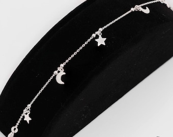 925 Sterling Silver Fancy Moon and Star Bracelet