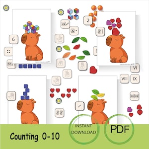 Könnte beinhalten: Bildungskarten zum Zählen von 0 bis 10, mit einem Cartoon-Capybara und verschiedenen Objekten. Die Karten zeigen Würfel, Herzen, Blätter und Würfel. Die Wörter "Counting 0-10", "Instant Download" und "PDF" sind ebenfalls sichtbar.