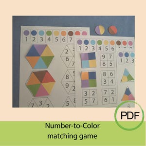 May include: A number-to-color matching game with colorful geometric shapes and number sequences. The game includes hexagonal, square, and triangular shapes in various colors, along with corresponding number sets. The image also features the text "PDF".