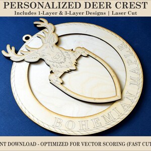 May include: Laser-cut wooden deer crest with the text "BOHEMIAN MAPLE" and a deer silhouette. The design includes 1-layer and 3-layer options. The text "PERSONALIZED DEER CREST" and "INSTANT DOWNLOAD - OPTIMIZED FOR VECTOR SCORING (FAST CUTTING)" are also visible.