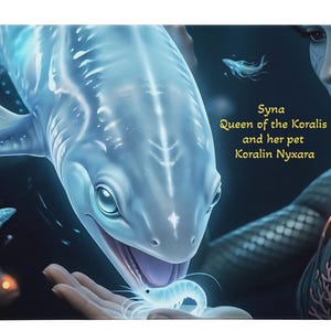 May include: A rectangular desk mat featuring a digital illustration of a pale blue aquatic creature and a humanoid figure with textured skin. The text reads: Syna Queen of the Koralis and her pet Koralin Nyxara. A small glowing shrimp is held in a hand.