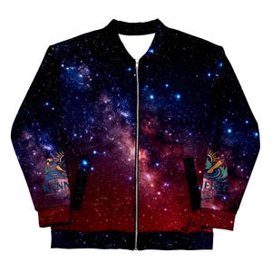 May include: A full-zip bomber jacket featuring a vibrant galaxy print in shades of red, purple, and blue. The jacket has a black collar and cuffs, with a logo on the left sleeve that reads "KENNEBEC".