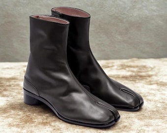 Handmade Black Leather Tabi Boots: Japanese Split Toe Ankle Boots