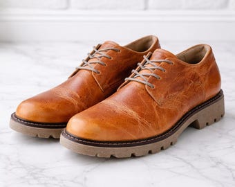 Zapatos Derby de piel color camel para mujer: Oxfords con cordones hechos a mano.