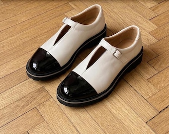Women's Handmade Leather Mary Jane Shoes, Black White T Strap Flats, Vintage Style Shoes