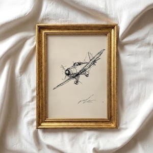 Può includere: Una stampa artistica incorniciata che presenta uno schizzo a inchiostro nero di un aereo a elica su uno sfondo color crema. L'opera è racchiusa in una cornice rettangolare dorata con un dettaglio del bordo interno perlato e una firma in basso a destra.