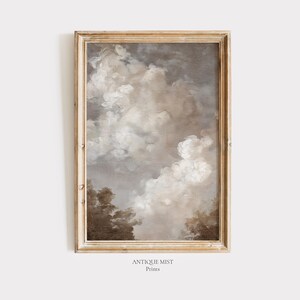 Vintage Cloudscape Painting, Moody Neutral Sky Landscape, Rustic Minimal Wall Art (Digital Download)