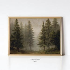 Moody Evergreen Forest Path Painting - Misty Woodland Landscape, Rustic Wall Art, Vintage Cottagecore Decor, Printable Digital Download