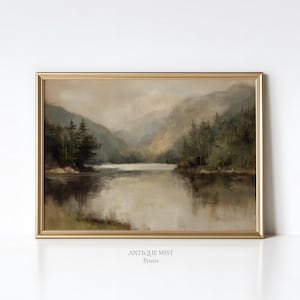 Misty Mountain Lake Printable Wall Art, Moody Forest Landscape Painting, Vintage Rustic Decor, Earthy Neutral Download