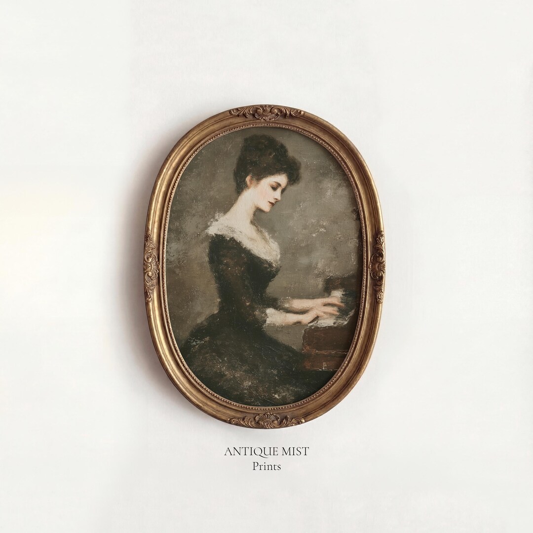 Vintage Woman Playing Piano Painting – Moody Victorian Portrait ...