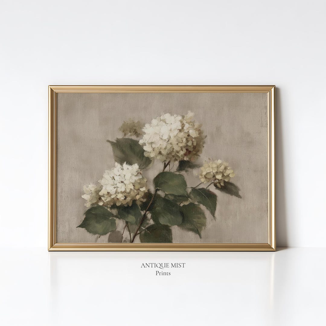 Vintage White Hydrangea Botanical Print, Cottagecore Floral Wall Art ...
