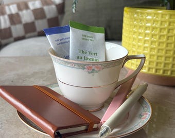 Cozy Journaling Kit | Vintage Teacup, Tea, Pen, Notebook Set