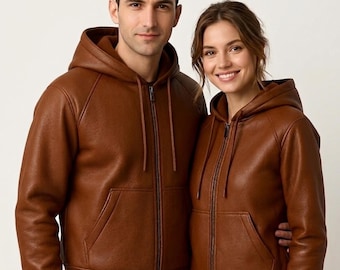 Bruine leren hoodie set voor koppels, stijlvolle unisex hoodies met rits voor de winter, ideaal cadeau voor hem en haar.