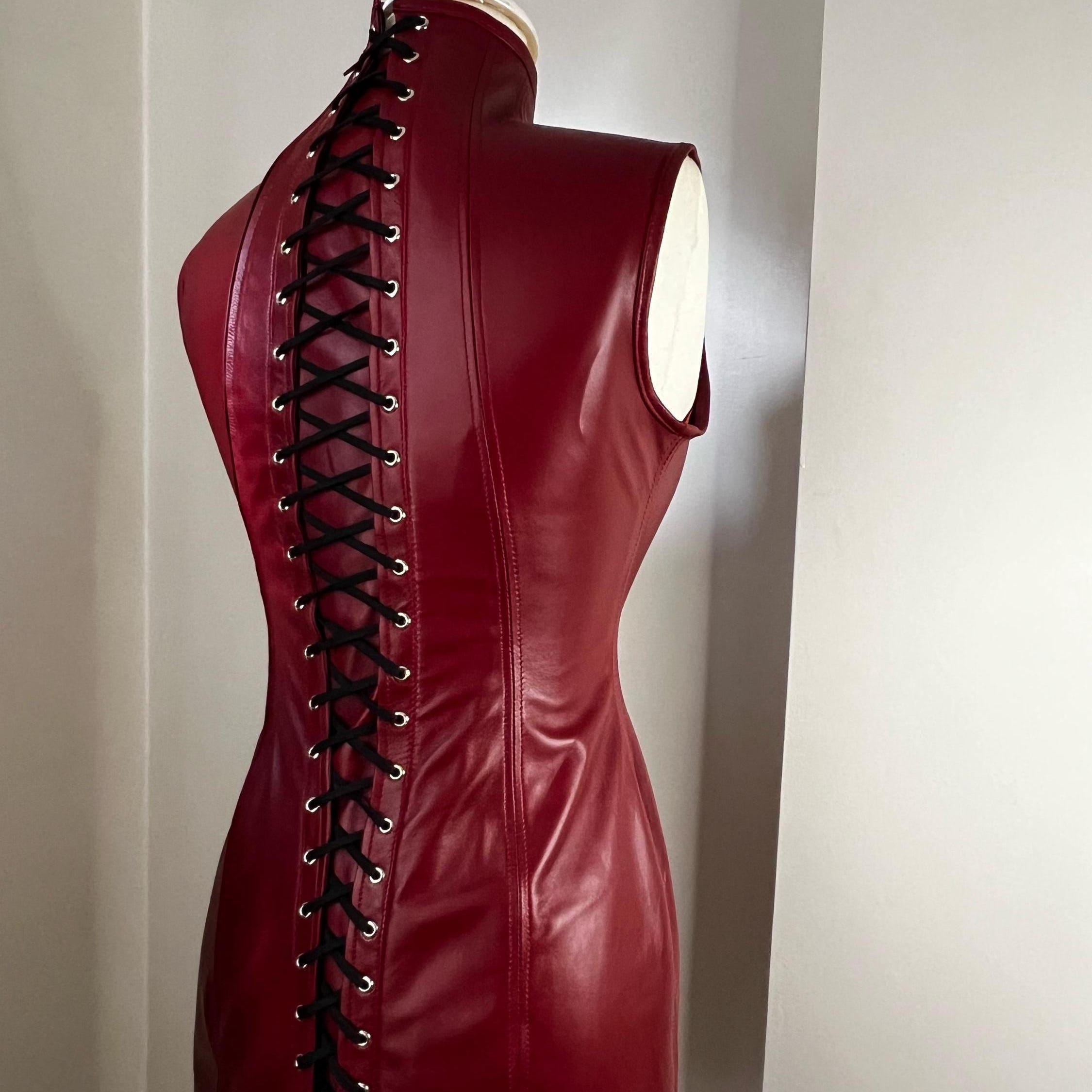 red leather corset dress Mini Dress, Sleeveless Lambskin Bodycon with Lace-Up Back birthday dress for women