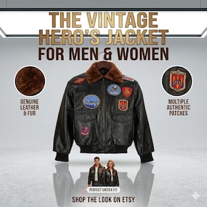 Vintage Flight Leather Jacket for Men & Women, Unisex Aviator Bomber with Removable Fur Collar, Military Style, Genuine Leather and Patches