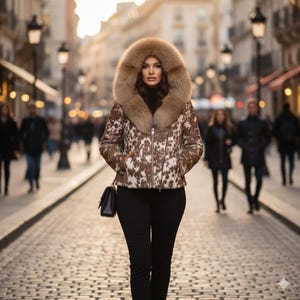 Luxury Cowhide Leather Fur Hooded Jacket for Women - Real Hair-on-Hide Biker Jacket - Handmade Shearling Style Winter Coat - Brown & White